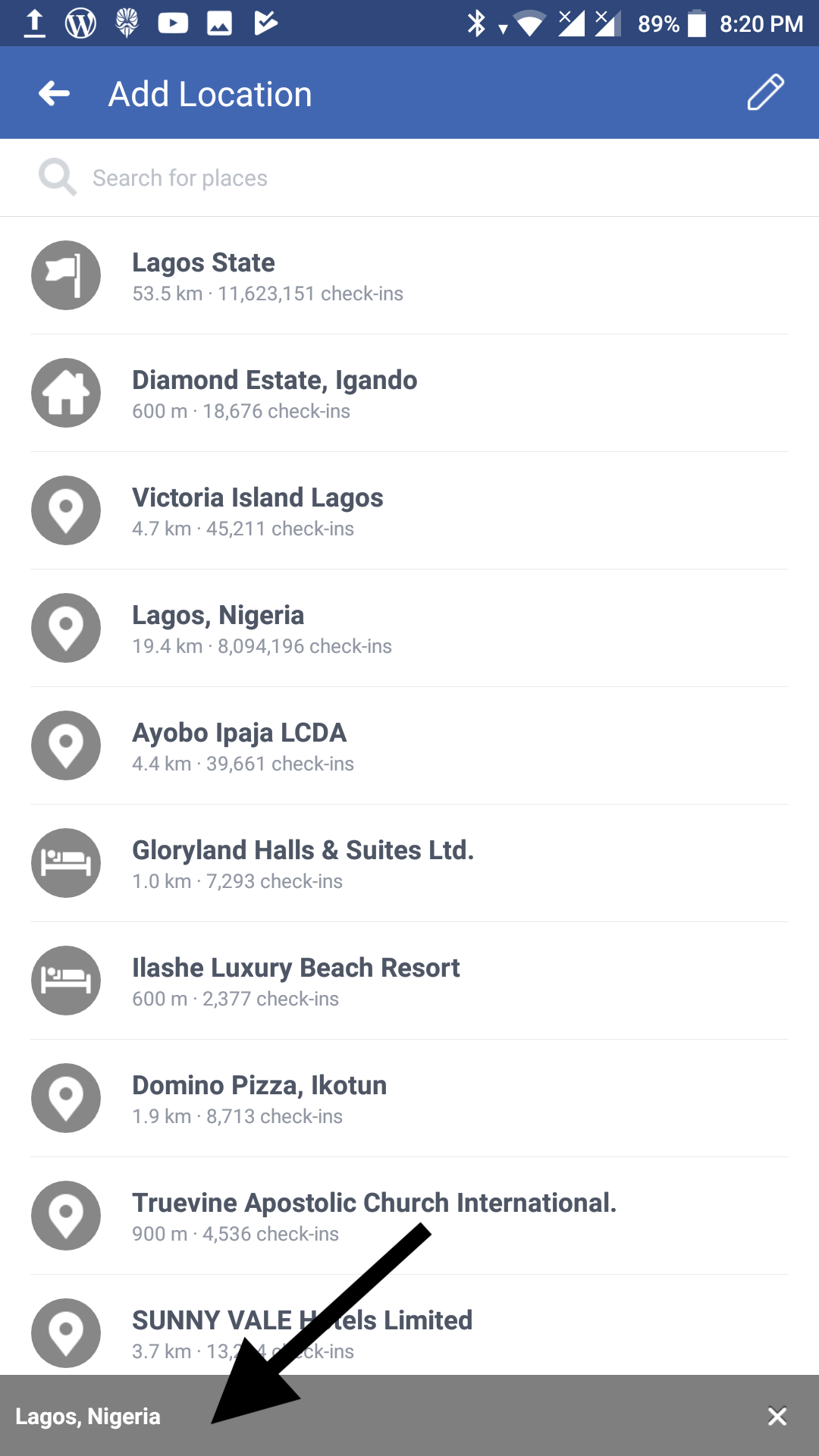 facebook location in status