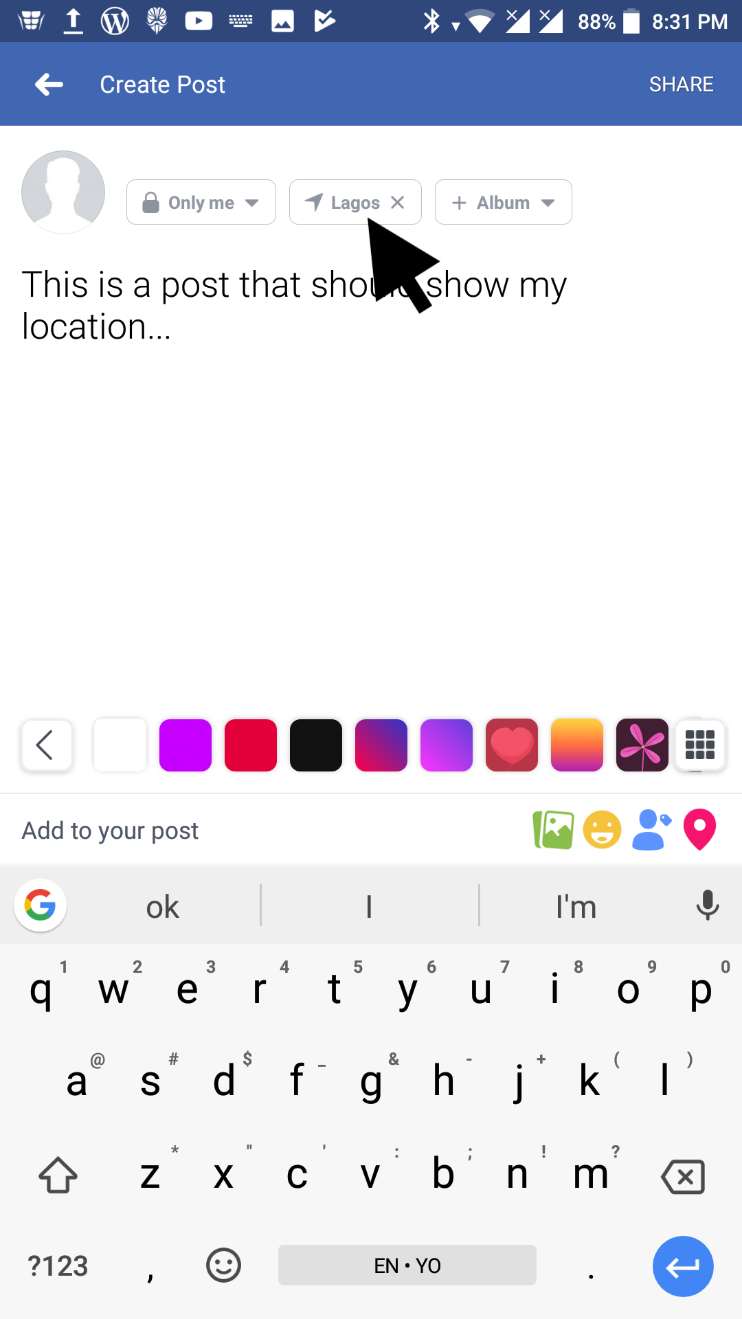 facebook location in status