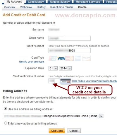 entering your virtual cc details on paypal