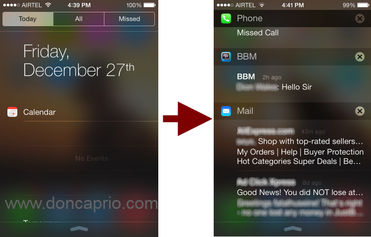 remove tabs from iOS 7 notification center