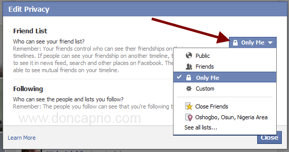 hide friends list on Facebook