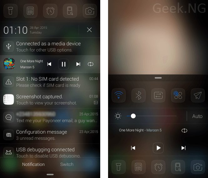 Notification center and Control center on Tecno Boom J7