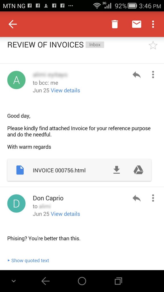 Phishing email with HTML attachment