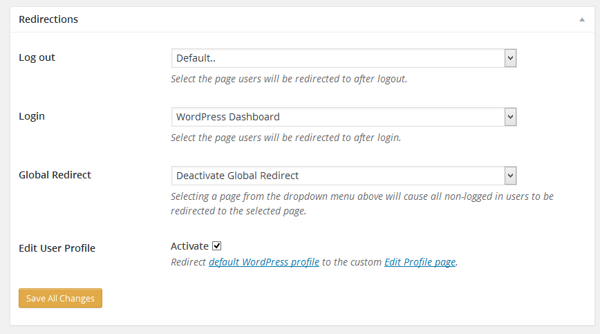 ProfilePress redirect settings