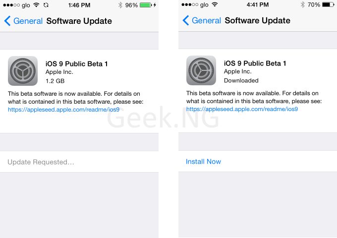 iOS 9 Public Beta 1 update downloaded