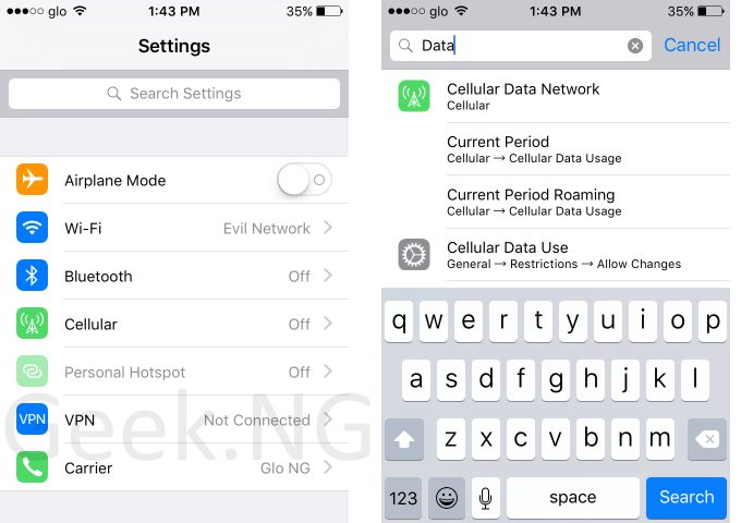 iOS 9 - search in settings