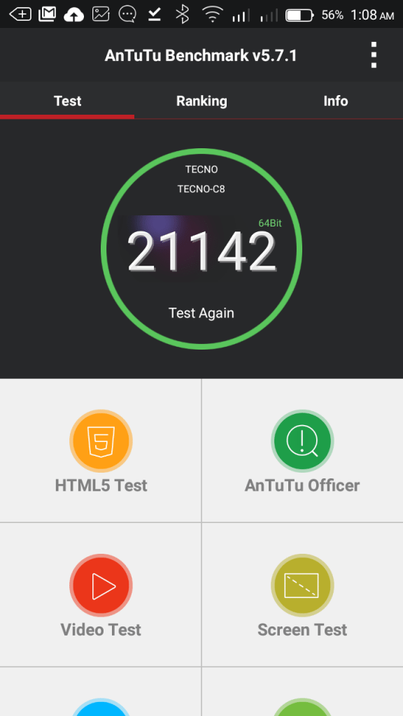 Antutu Benchmark score for Tecno Camon C8