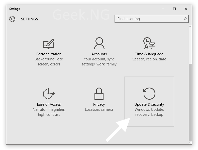 Windows 10 settings panel