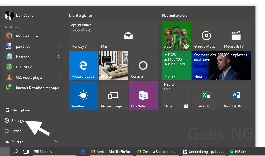 Windows 10 start menu