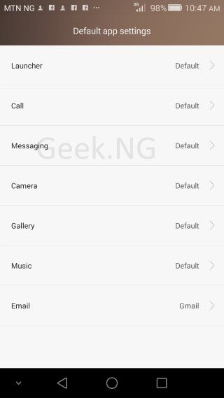default app settings on huawei EMUI