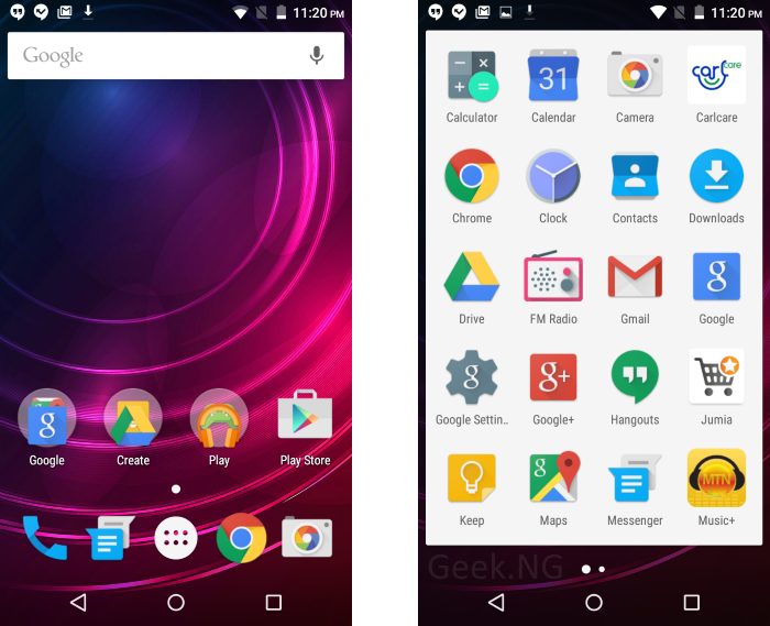 infinix Hot 2 Homescreen and app drawer