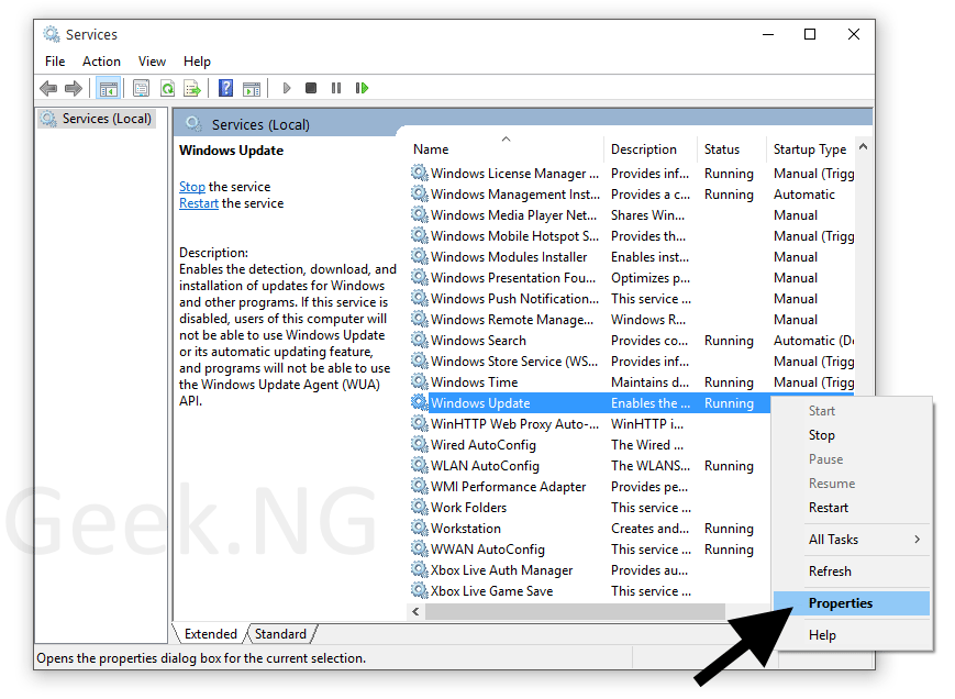 windows update service properties