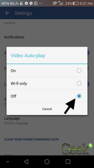 disable video autoplay on facebook app