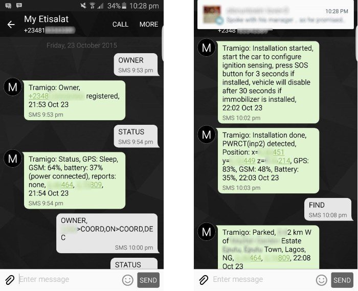 tramigo SMS commands