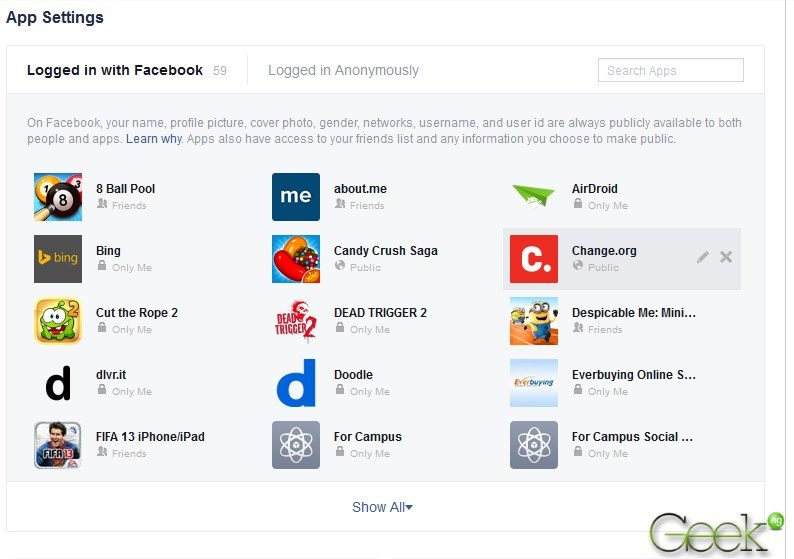 facebook app settings