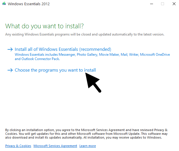 select windows essentials component