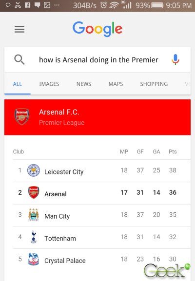 check league table google now command