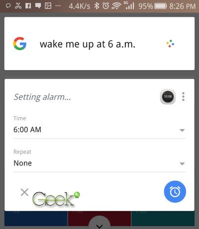set alarm google now command
