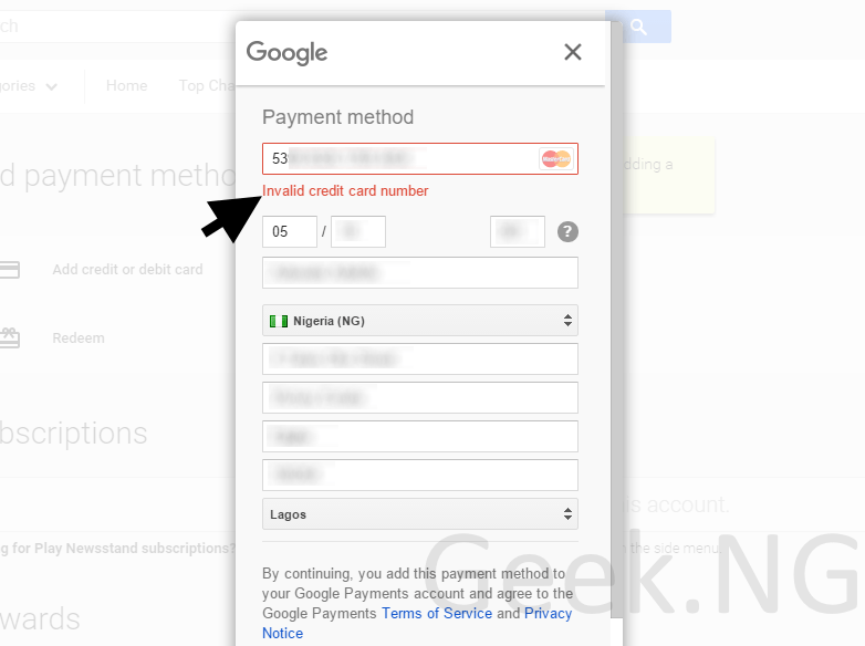 Google Play Store Error: Credit Card Number