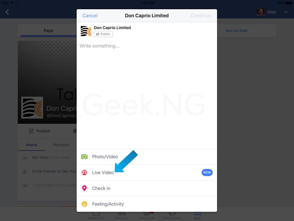 Facebook live stream for page 