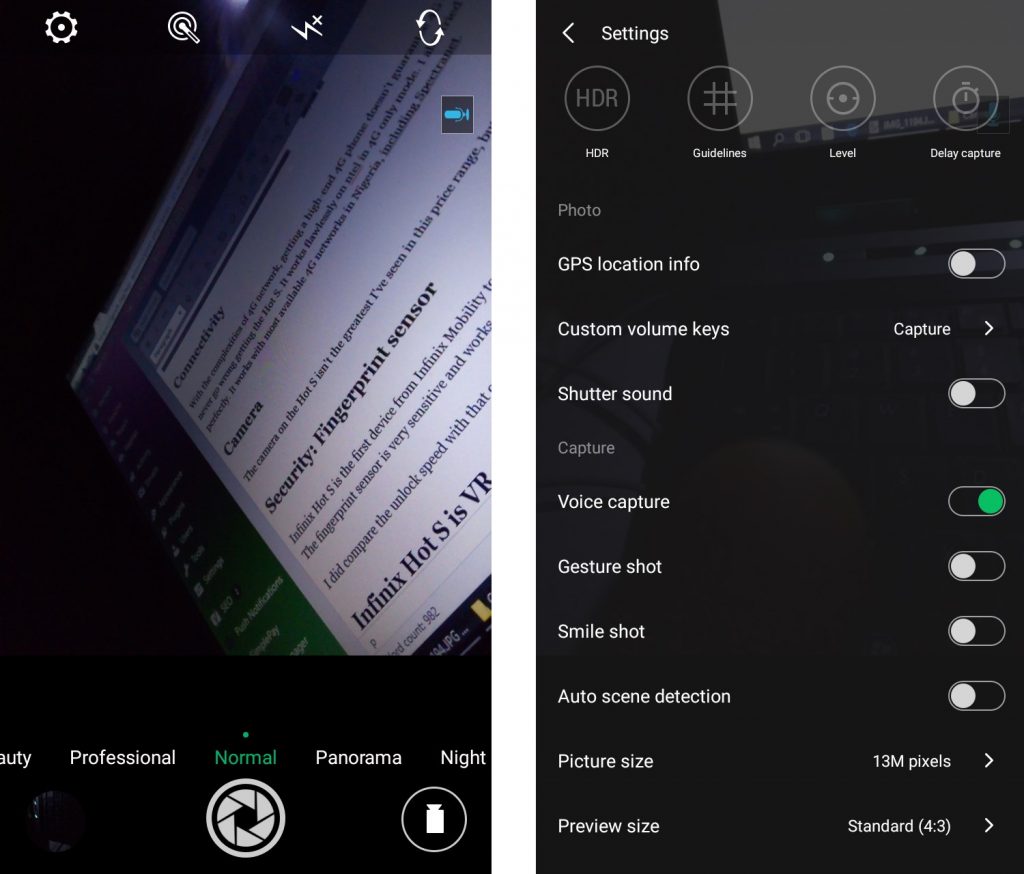 infinix hot s camera interface