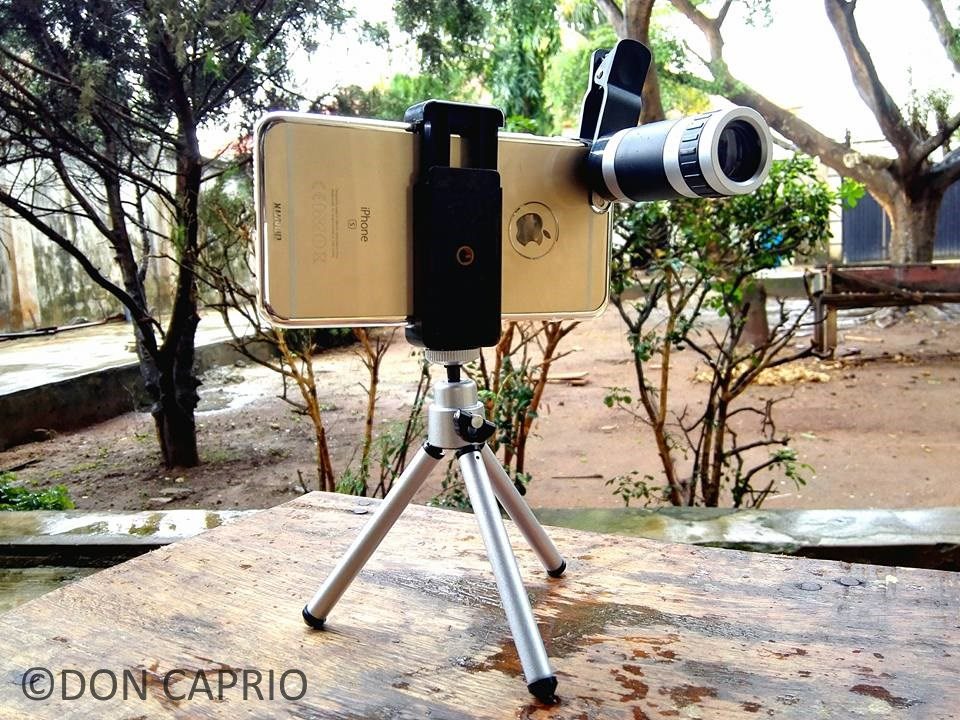iphone on tripod with telephoto lens