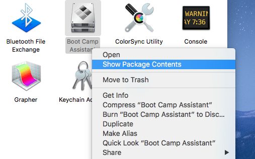 right-click on boot camp assistant