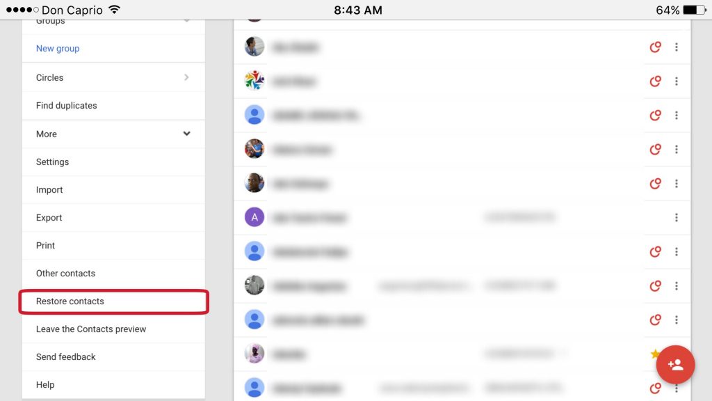 Restore Google contacts