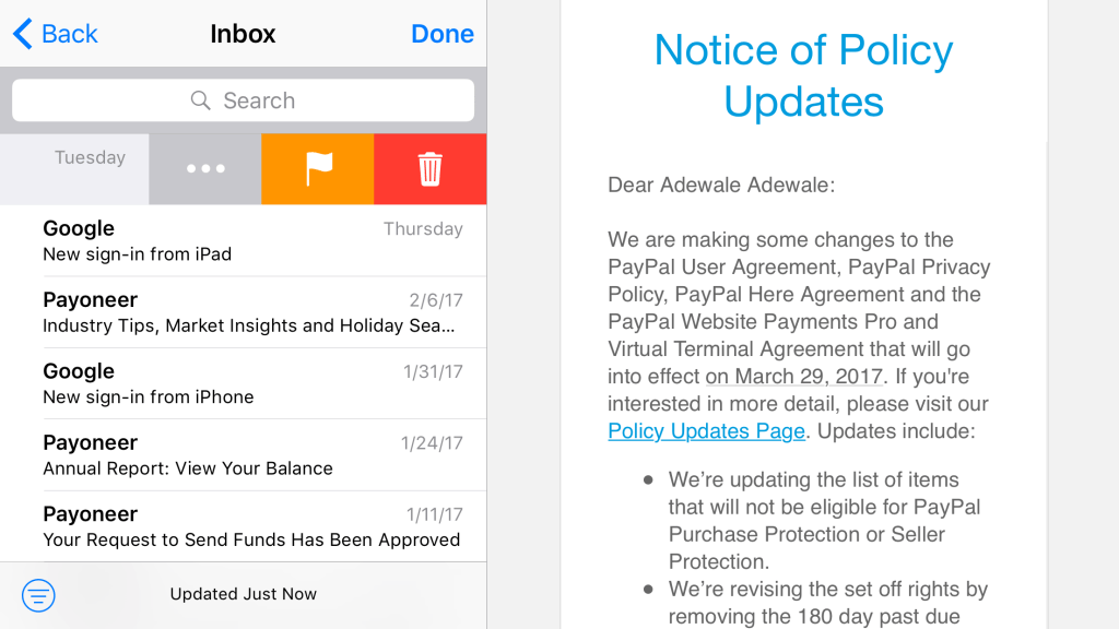 delete button on iOS default mail app