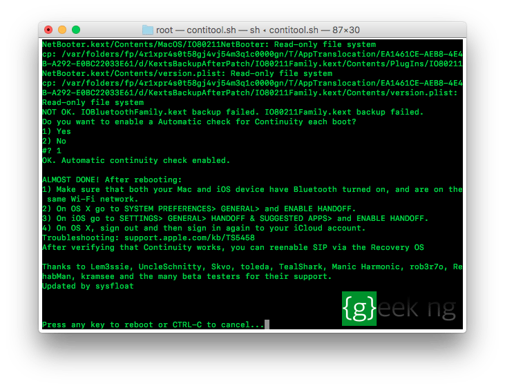 continuity activation tool installed