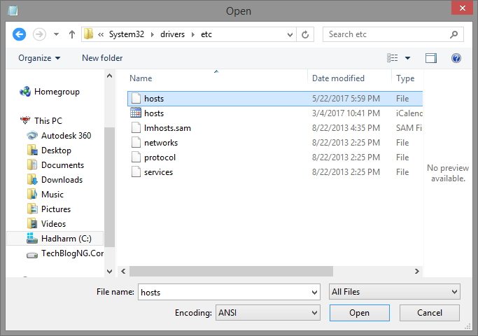 open hosts file