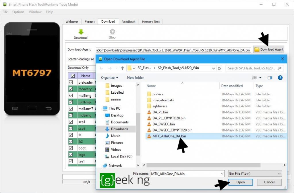 SP flash tool select MTK allinone_DA