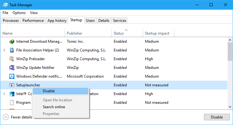 disable startup items in windows