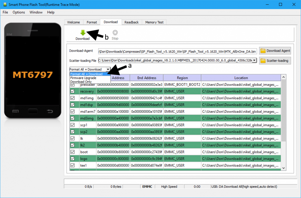 sp flash tool format all + download