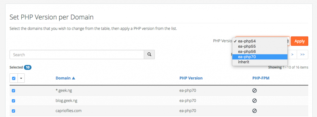 select PHP version on cPAnel