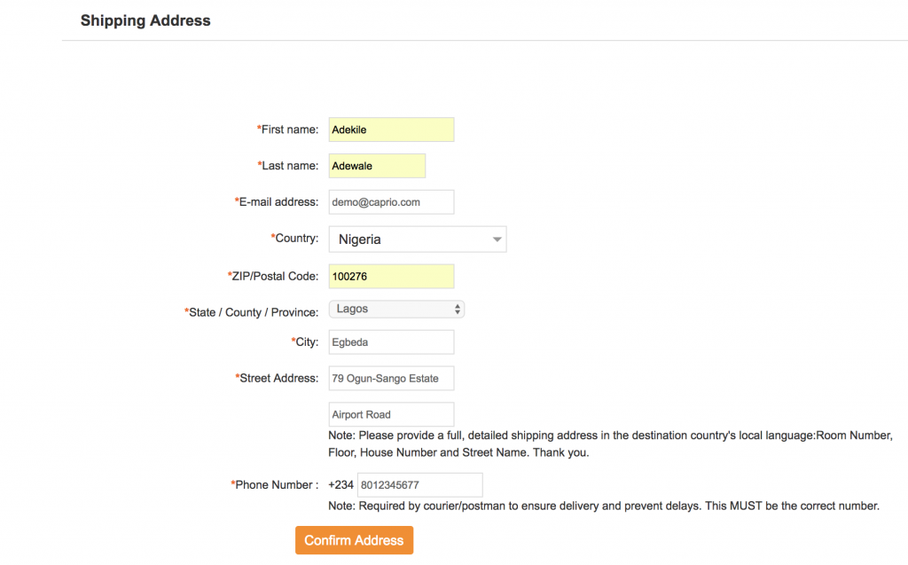 shipping address