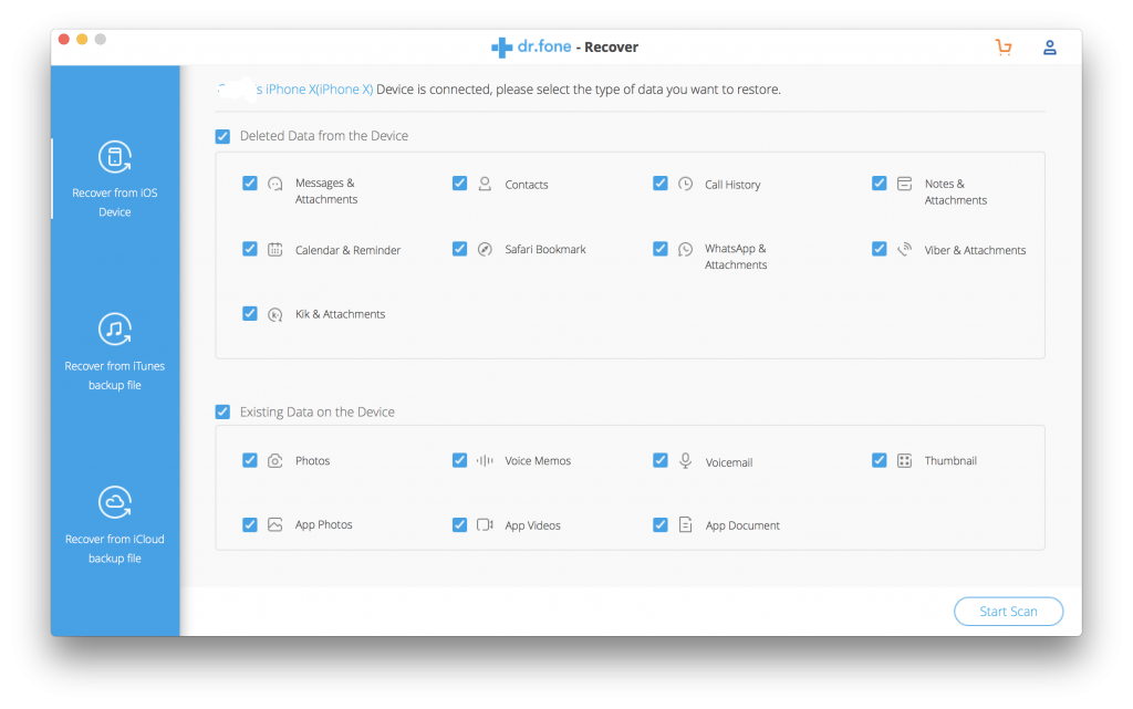 dr.fone recover options