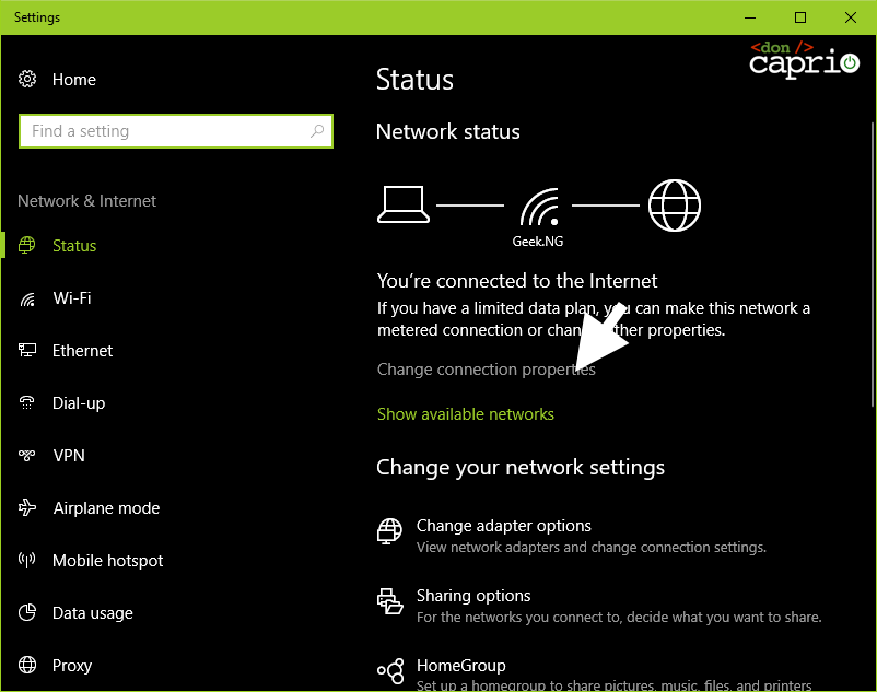windows 10 network properties
