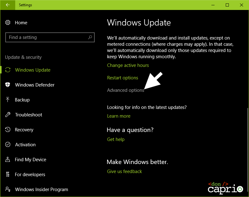advanced options windows update