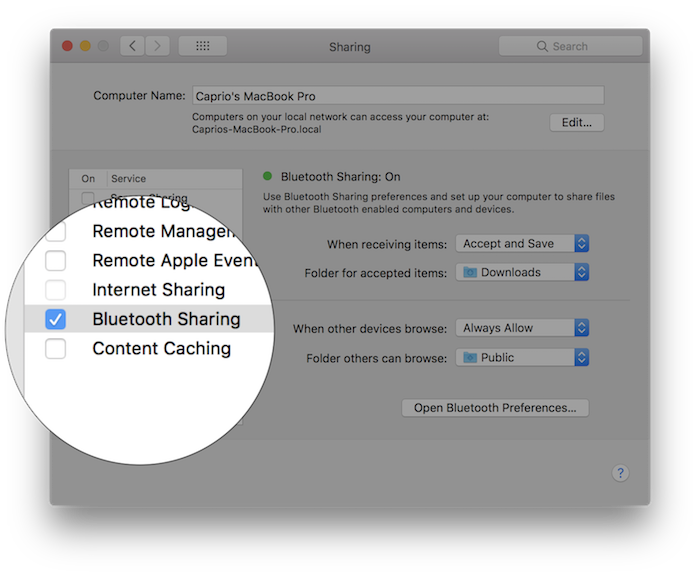 enable bluetooth sharing macos