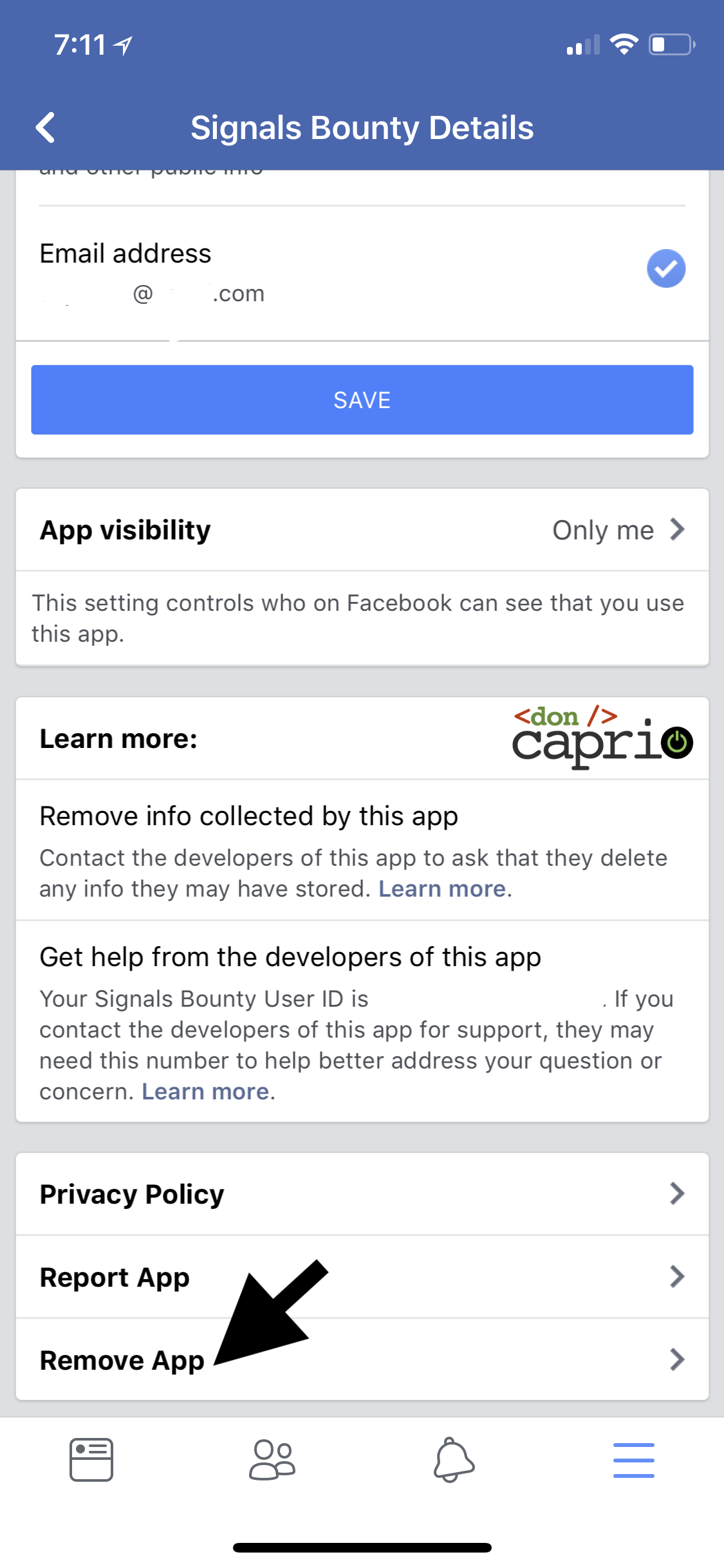 facebook app details remove app