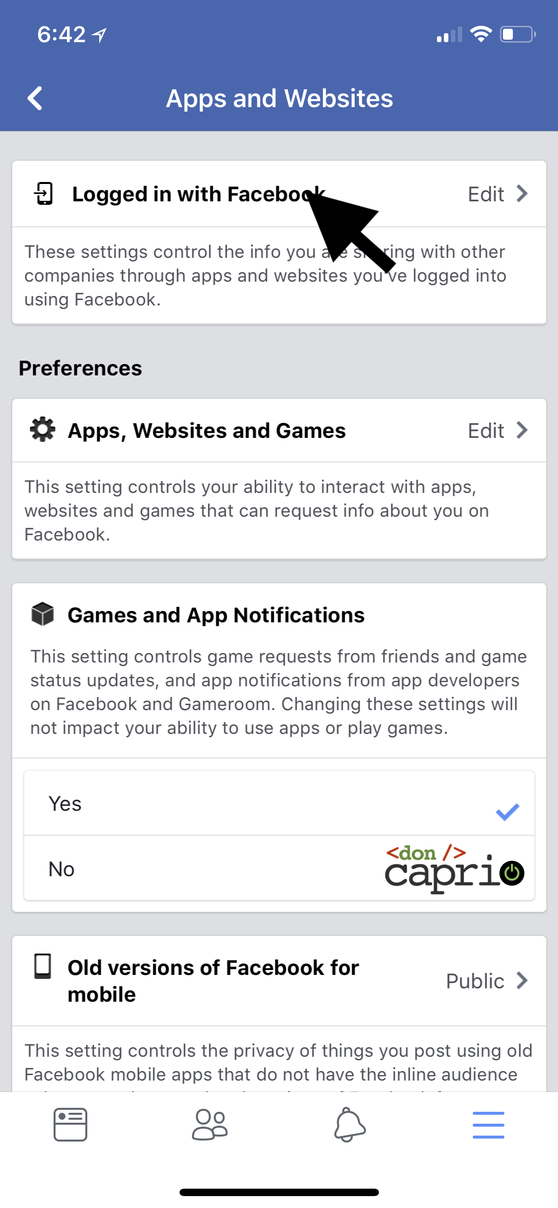 facebook apps settings