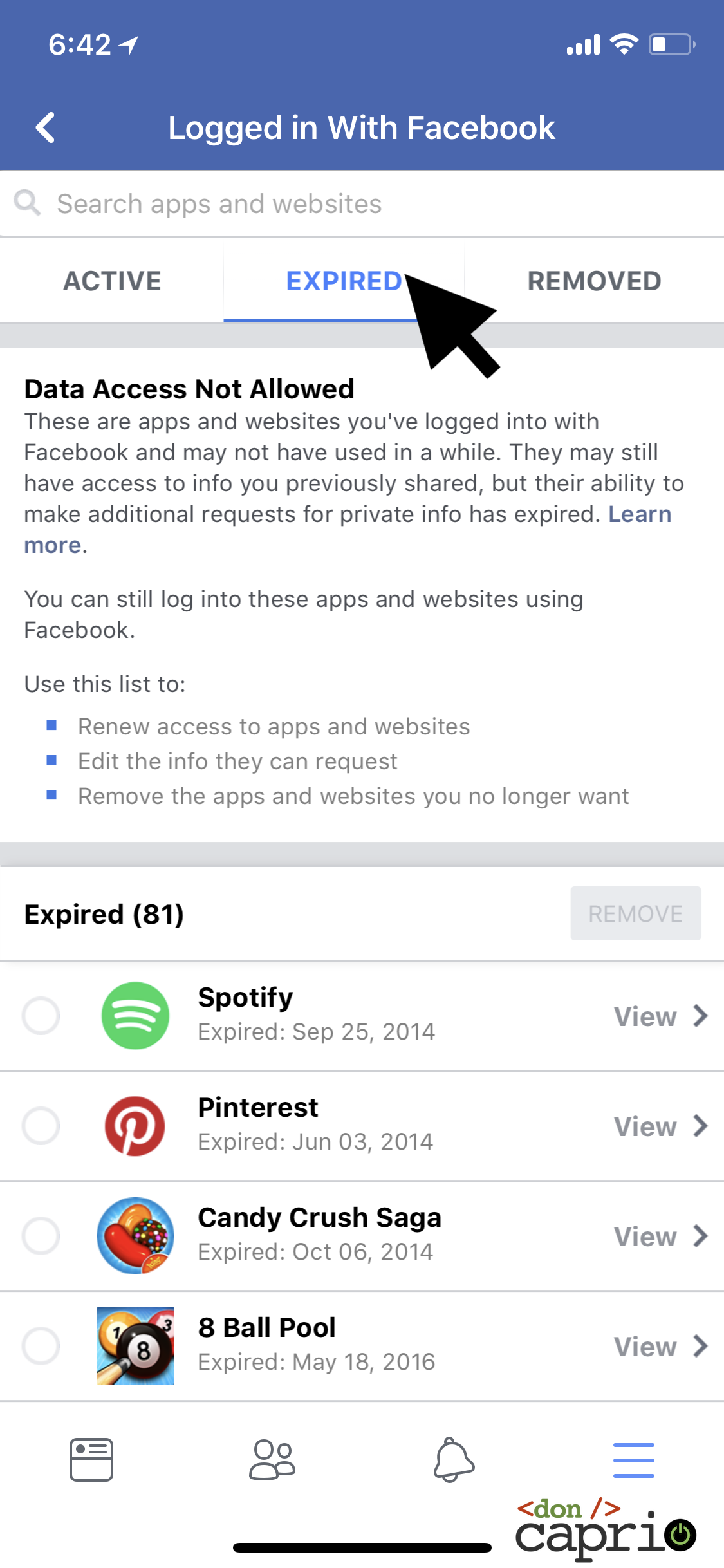 facebook expired apps tab