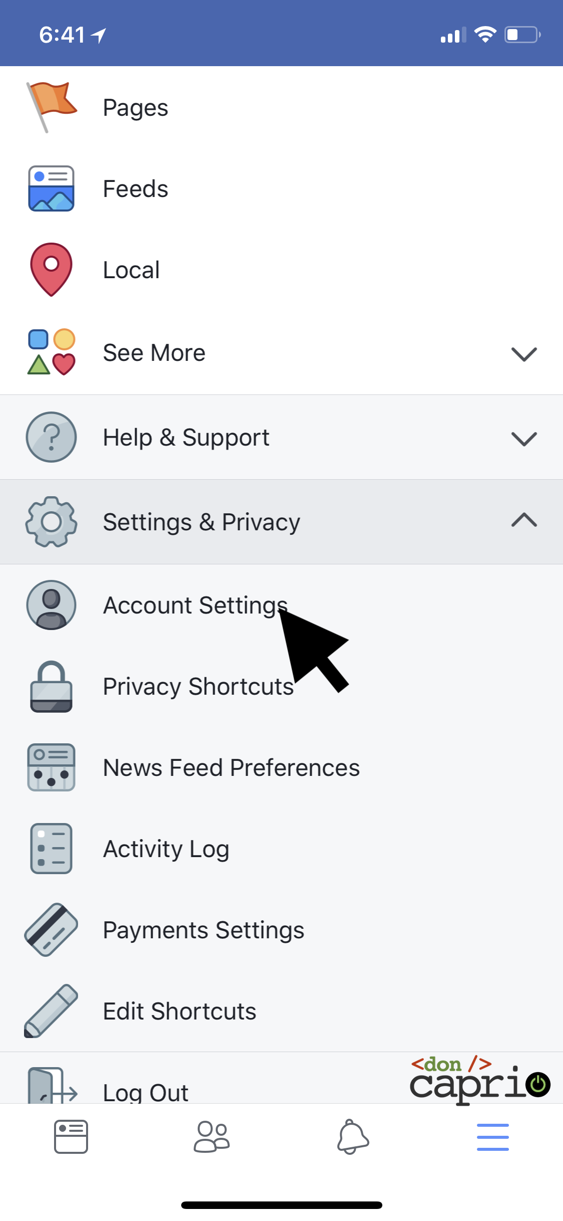 facebook menu tab