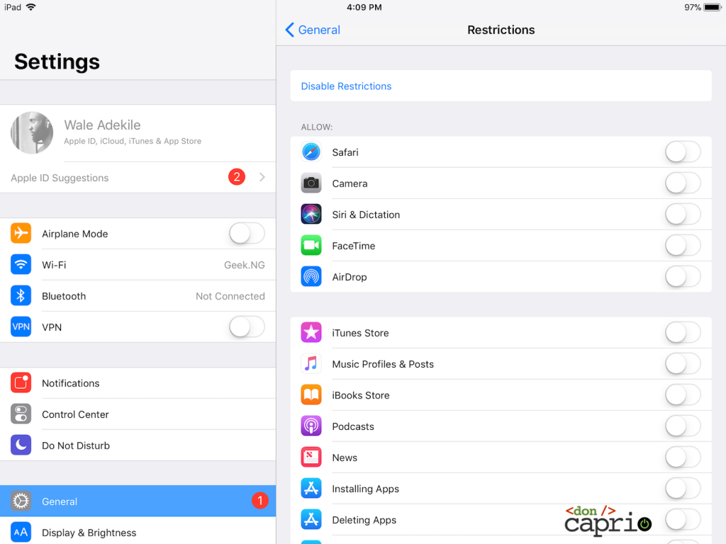 restrictions settings ioS