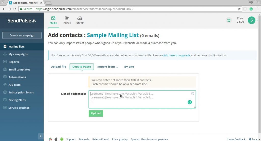 Sendplus Create Mailing List