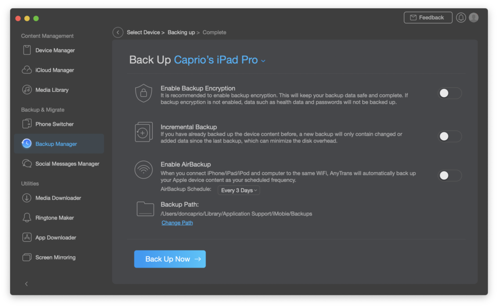 backup settings